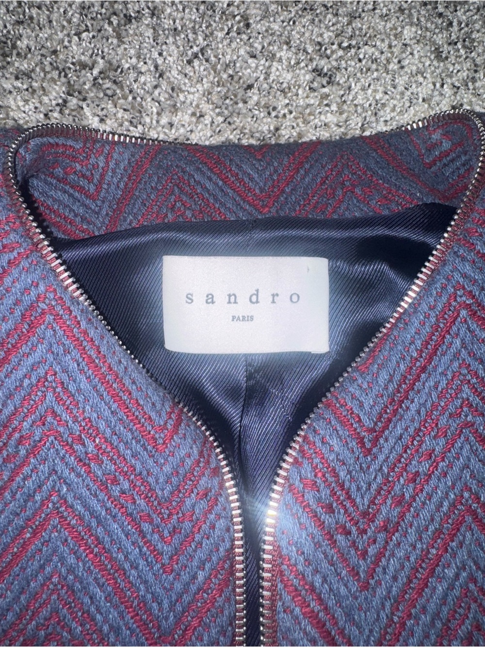 Sandro Chevron Decorative Zipper Front Blazer in Navy and Burgundy